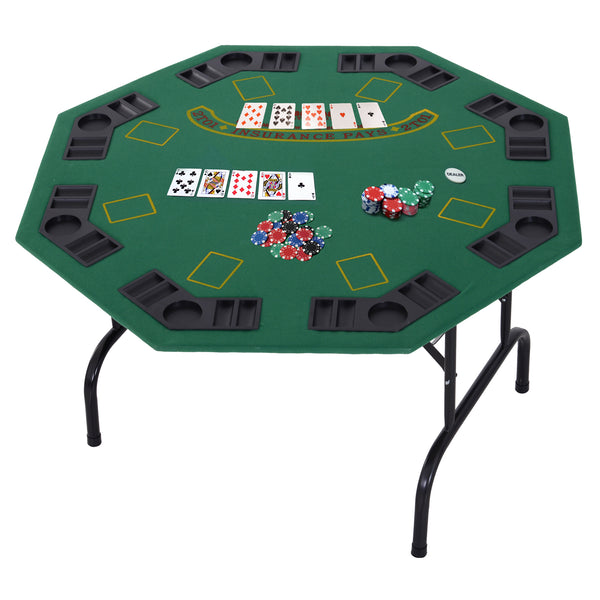 HOMCOM 8 Player Folding Games Poker Table w/ Chip Cup Holder Steel Base Felt Top Octagon Blackjack Adult Family Friends Green