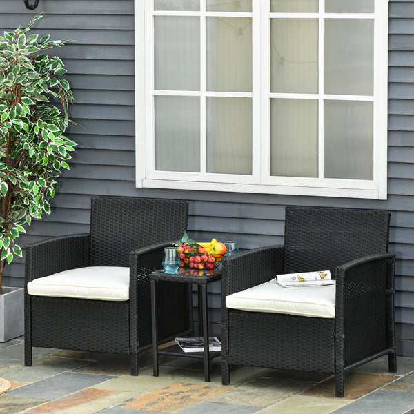 Outsunny Rattan Garden Furniture Outdoor 3 Pieces Patio Bistro Set Wicker Weave Conservatory Sofa Chair & Table Set with Cushion Pillow - Black