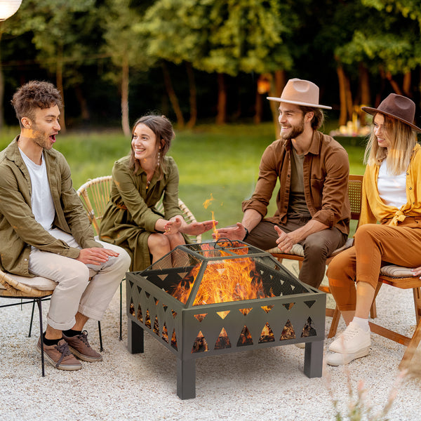 Outsunny Outdoor Fire Pit with Screen Cover, Wood Burner, Log Burning Bowl with Poker for Patio, Backyard, Black