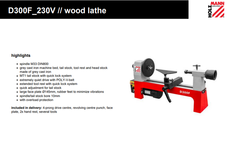 Holzmann D300F 300 MM Vari-Speed Mini Woodturning Lathe