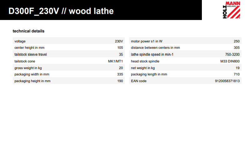 Holzmann D300F 300 MM Vari-Speed Mini Woodturning Lathe