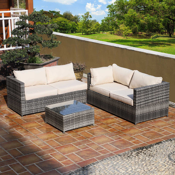 Outsunny Rattan Garden Furniture 4 Seater Outdoor Patio Corner Sofa Chair Set with Coffee Table Thick Cushions Beige