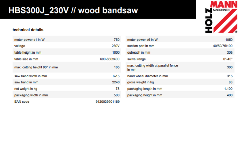 Holzmann HBS300J 300MM Bandsaw Inc. Floorstand 230 V