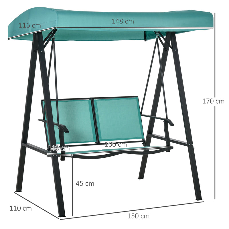 Outsunny 2 Seater Garden Swing Seat Swing Chair Outdoor Hammock Bench w/ Adjustable Tilting Canopy, Texteline Seats and Steel Frame, Lake Blue