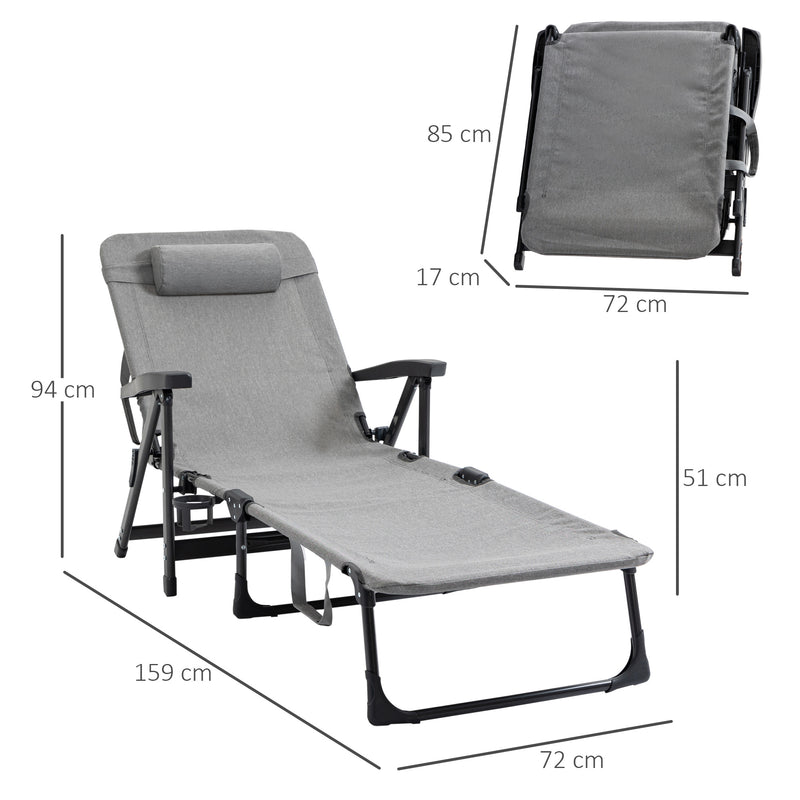 Outsunny Folding Sun Lounger, Mesh Fabric Chaise Lounge Chair, 7-Reclining Position Sleeping Bed with Pillow & Cup Holder for Poolside, Light Grey