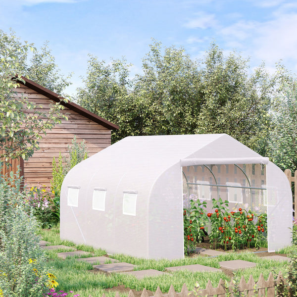 Outsunny Walk-In Polytunnel Greenhouse Warm House Garden Tunnel Shelter Plant Shed with Door and Windows, Galvanised Steel Frame, 4.5 x 3 x 2m, White