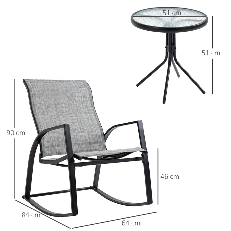 Outsunny 3 Pieces Outdoor Patio Bistro Set w/ 2 Rocking Chairs and Tempered Glass Table for Garden, Porch, Poolside, Grey