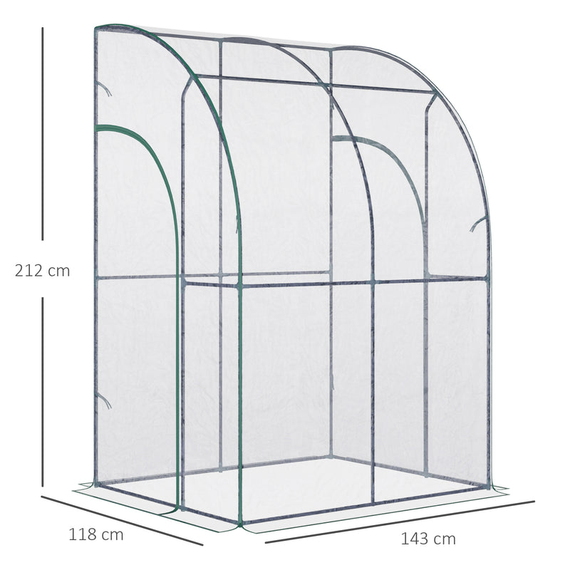 Outsunny Outdoor Walk-In Lean to Wall Tunnel Greenhouse with Zippered Roll Up Door PVC Cover Sloping Top, Clear, Green 143cm x 118cm x 212cm