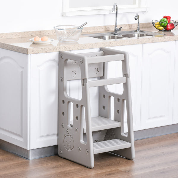 HOMCOM Kids Step Stool Adjustable Standing Platform Toddler Kitchen Stool -Standing Tower for Kids Kitchen Counter Learning with Three Heights, Grey