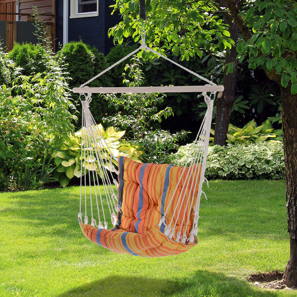 Outsunny Outdoor Hammock Hanging Rope Cushioned Chair Garden Yard Patio Swing Seat Wooden Cotton Cloth (Orange)