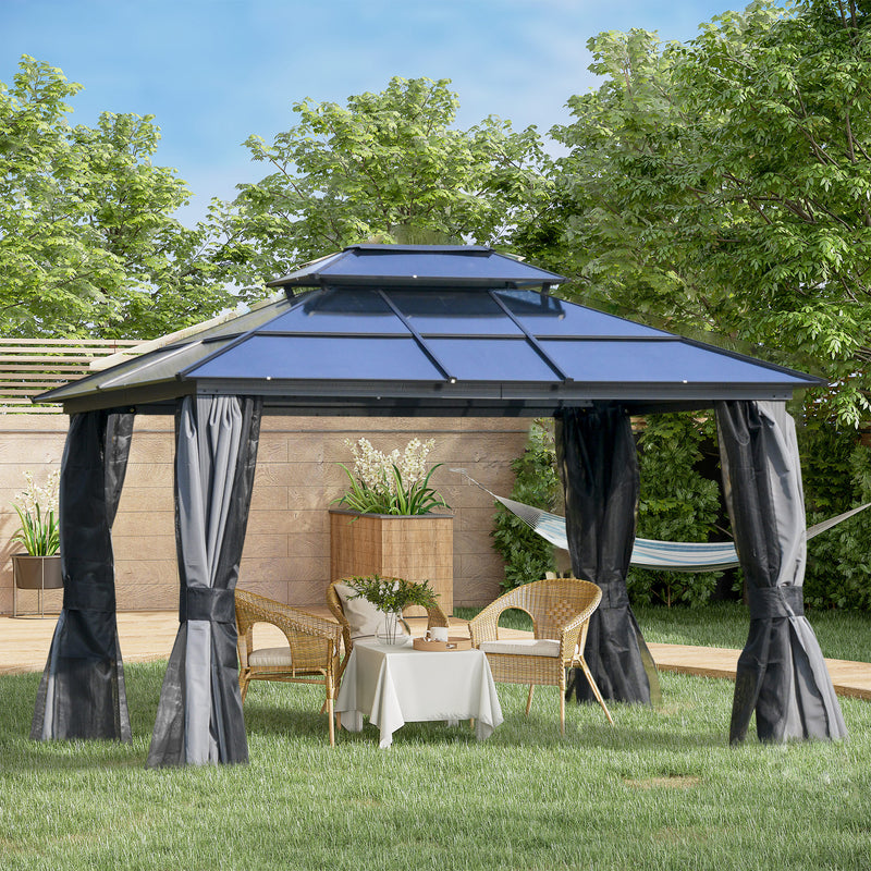 Outsunny 3.6 x 3(m) Polycarbonate Hardtop Gazebo Canopy with Double-Tier Roof and Aluminium Frame, Garden Pavilion with Mosquito Netting and Curtains