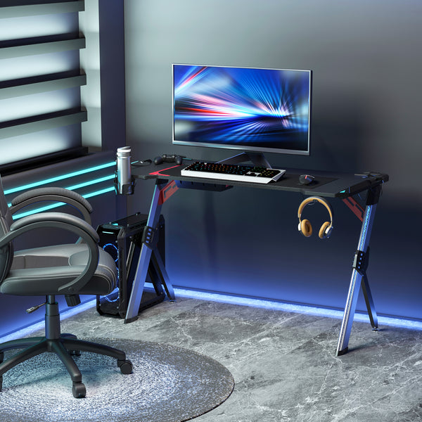 HOMCOM LED Breathing Lights Gaming Desk Computer Desk Carbon Fiber Feel Desktop Steel Frame with Cup Holder, Headphone Hook, Basket, Black