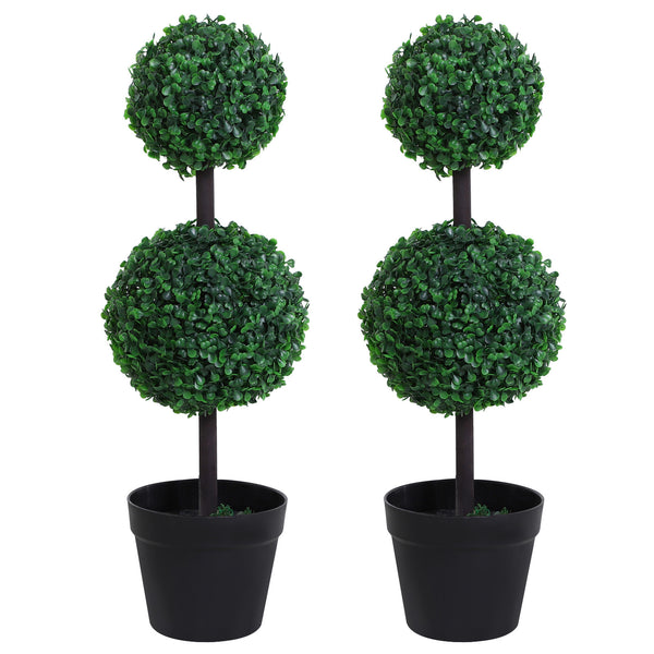 Outsunny Set of 2 Artificial Boxwood Ball Topiary Trees Potted Decorative Plant Outdoor and Indoor DÃ©cor (67cm)