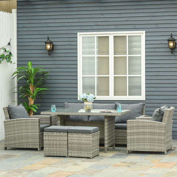 Outsunny 7-Seater Rattan Dining Set Sofa Table Garden Rattan Furniture Footstool Outdoor with Cushion Armchairs Patio Garden Furniture