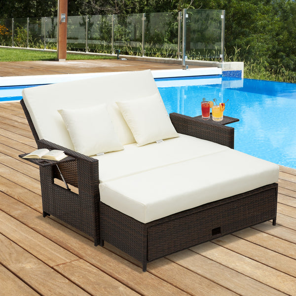 Outsunny 2 Seater Garden Patio Outdoor Rattan Furniture Sofa Sun Lounger Daybed with Fire Retardant Sponge Assembled - Brown