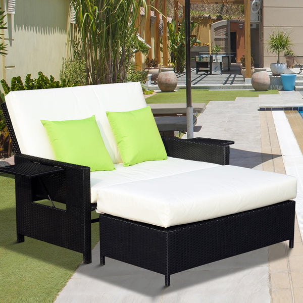 Outsunny 2 Seater Assembled Garden Patio Outdoor Rattan Furniture Sofa Sun Lounger Daybed with Fire Retardant Sponge - Black