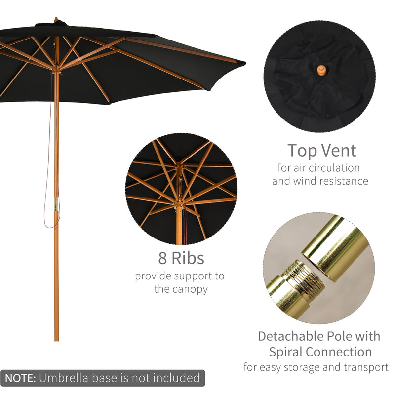 Outsunny âŒ€3m Bamboo Wooden Market Patio Umbrella Garden Parasol Outdoor Sunshade Canopy, 8-ribs,Black