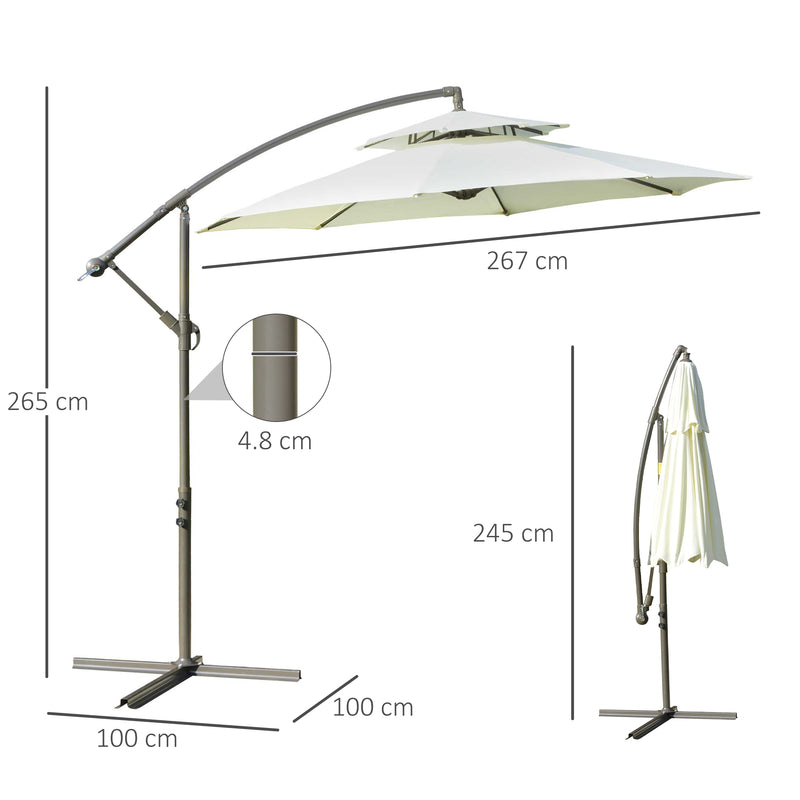 Outsunny 2.7m Garden Banana Parasol Cantilever Umbrella with Crank Handle, Double Tier Canopy and Cross Base for Outdoor, Hanging Sun Shade, Beige