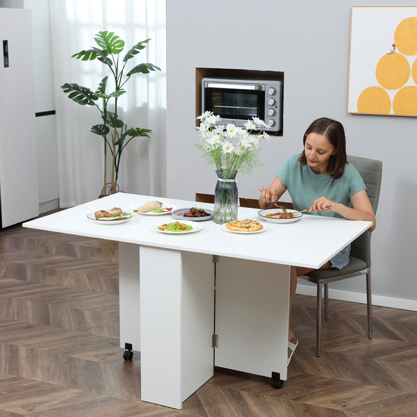 HOMCOM Mobile Drop Leaf Dining Kitchen Table Folding Desk For Small Spaces With 2 Wheels & 2 Storage Shelves White