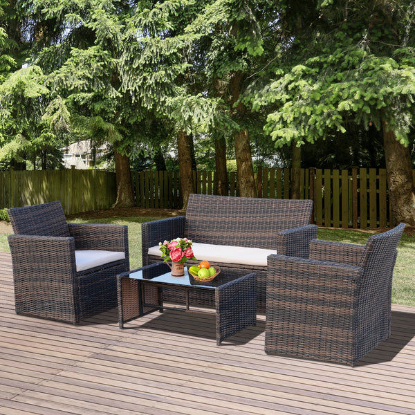 Outsunny 4-Seater Rattan Garden Sofa Set Outdoor Patio Wicker Weave 2-seater Bench Chairs & Coffee Table Conservatory, Brown