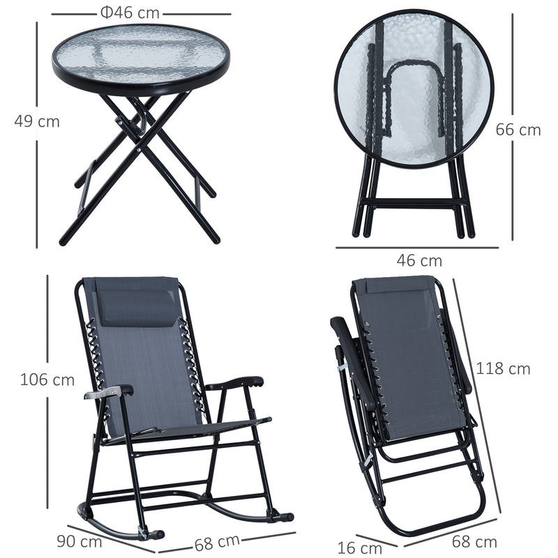 Outsunny 3 Piece Outdoor Rocking Set with 2 Folding Chairs and 1 Tempered Glass Table, Patio Bistro Set for Garden, Deck, Grey