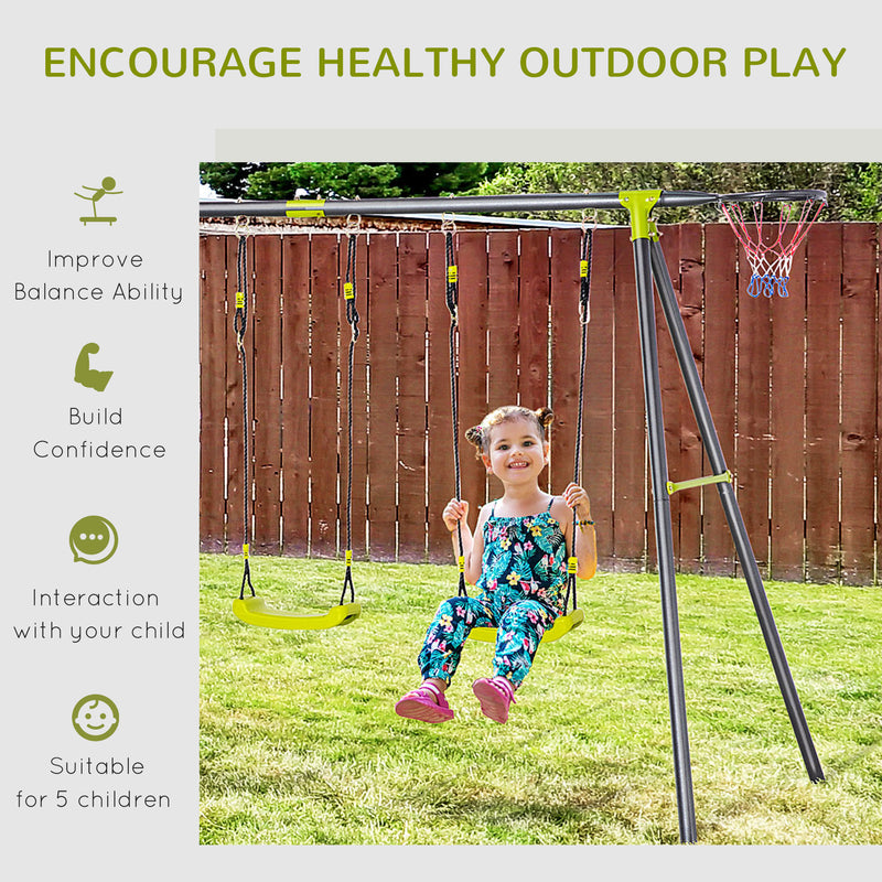 Outsunny Kids Swing Set for Backyard, Outdoor Play Equipment, w/ Adjustable Swing Seats, Seesaw, Basket Hoop, A-Frame Metal Stand for Ages 3-10 Years