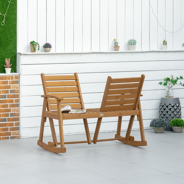 Outsunny Wooden Garden Rocking Bench with Adjustable Backrests, 2-Seater Rustic Rocking Chair Loveseat with Slatted Seat and Armrests