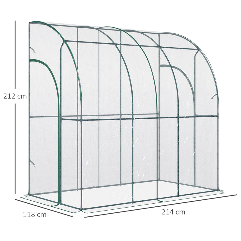 Outsunny Outdoor Walk-In Lean to Wall Tunnel Greenhouse with Zippered Roll Up Door PVC Cover Sloping Top, Clear, Green 214cm x 118cm x 212cm