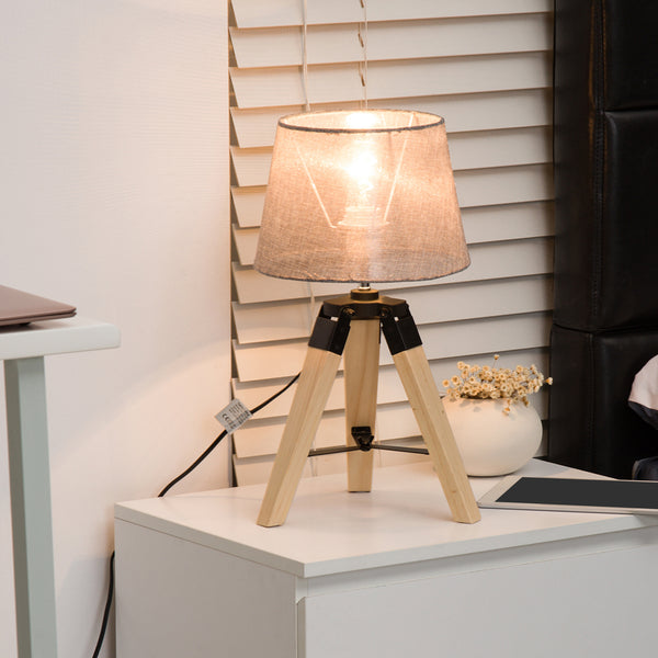 HOMCOM Wooden Tripod Table Lamp for Side, Desk or End Table with E27 Bulb Baseï¼ˆGrey Shadeï¼‰