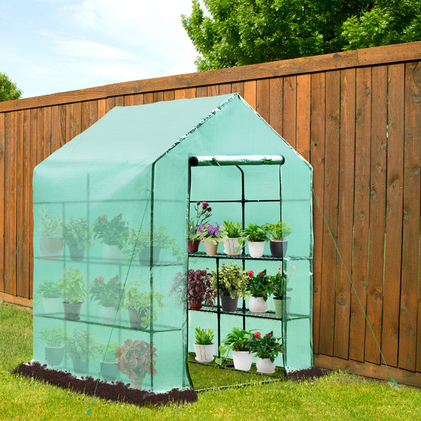 Outsunny Walk in Garden Greenhouse with Shelves Polytunnel Steeple Green house Grow House Removable Cover 143x143x195cm, Green