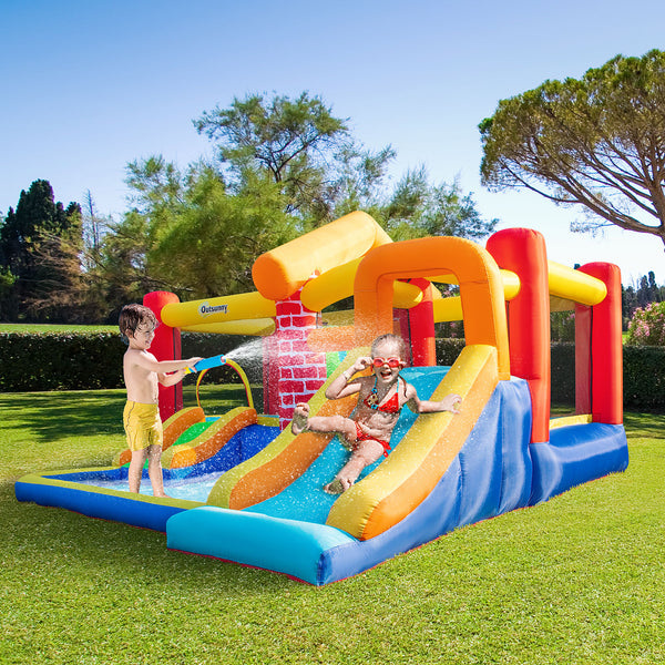 Outsunny 4 in 1 Kids Bounce Castle Extra Large Double Slides & Trampoline Design Inflatable House Pool Climbing Wall for Kids Age 3-8, 3.8x3.7x2.3m