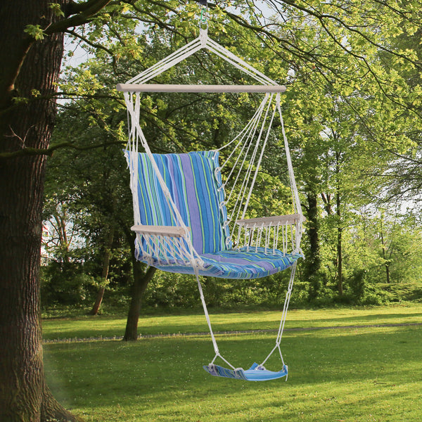 Outsunny Outdoor Hammock Hanging Rope Chair Garden Yard Patio Swing Seat Wooden w/ Footrest Armrest Cotton Cloth (Blue)