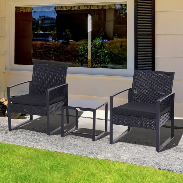 Outsunny Rattan Garden Furniture 2 Seater PE Rattan Wicker Patio Bistro Set Weave Conservatory Sofa Coffee Table and Chairs Set Black