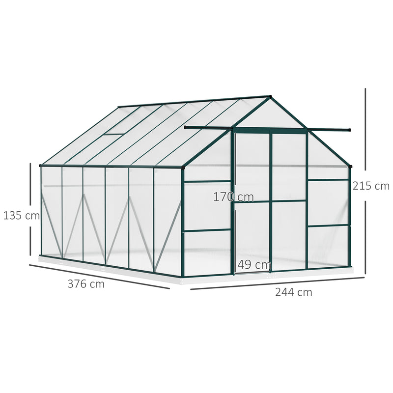 Outsunny Aluminium Greenhouse Polycarbonate Walk-in Garden Greenhouse Kit with Adjustable Roof Vent, Rain Gutter and Foundation, 8 x 12ft, Clear