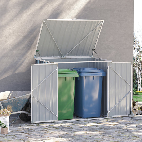 Outsunny 5ft x 3ft Garden 2-Bin Steel Storage Shed, Double Rubbish Storage Shed, Hide Dustbin w/ Locking Doors and Openable Lid
