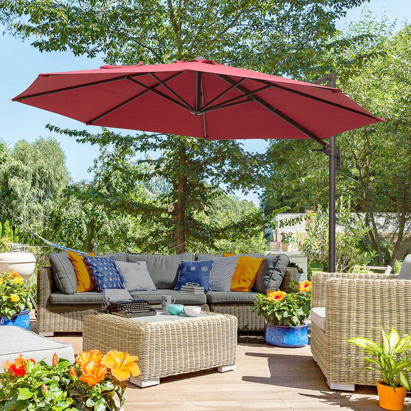 Outsunny 3m Cantilever Aluminium Frame 360 Rotation Hanging Parasol w/ Cross Base Wine Red