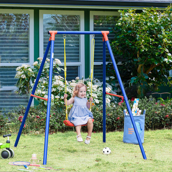 Outsunny Metal Swing Set with Seat Adjustable Rope Heavy Duty A-Frame Stand Backyard Outdoor Playset for Kids Fun 6-12 Years Old Blue