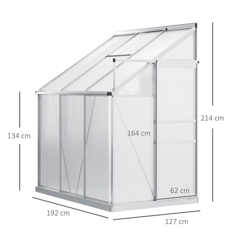 Outsunny 6 x 4ft Lean to Wall Polycarbonate Greenhouse Aluminium Walk-in Garden Greenhouse with Adjustable Roof Vent, Rain Gutter, Clear