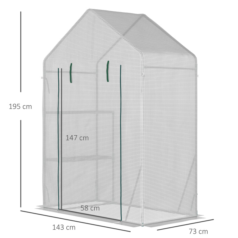Outsunny Greenhouse for Outdoor, Portable Gardening Plant Grow House with 2 Tier Shelf, Roll-Up Zippered Door, PE Cover, 143 x 73 x 195cm, Green