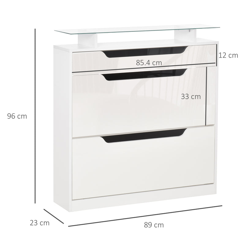HOMCOM Shoe Cabinet with 3 Drawers High Gloss Storage Cupboard Tipping Bucket with Flip Door Glass Top Adjustable Shelf Large-Capacity for 14 Pairs