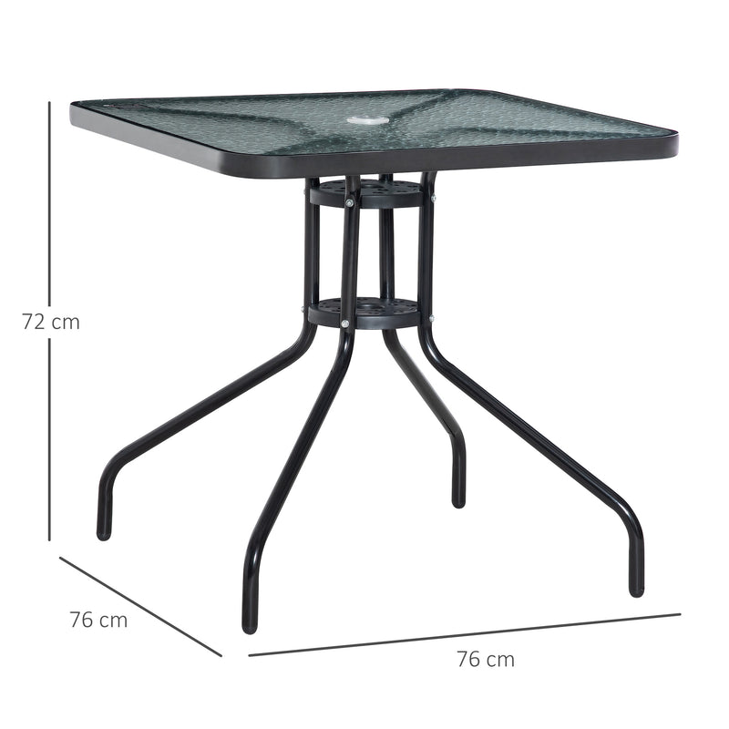 Outsunny Square Patio Table, Tempered Glass Top Bistro Table, Garden Dining Table, Outdoor Accent Coffee Table 76 x 76cm Steel Frame w/ Umbrella Hole