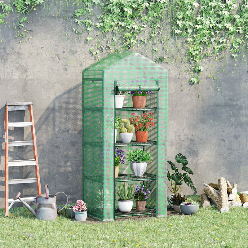 Outsunny 4 Tier Mini Greenhouse, Portable Green House with Steel Frame, PE Cover, Roll-up Door, 70 x 50 x 160 cm, Green