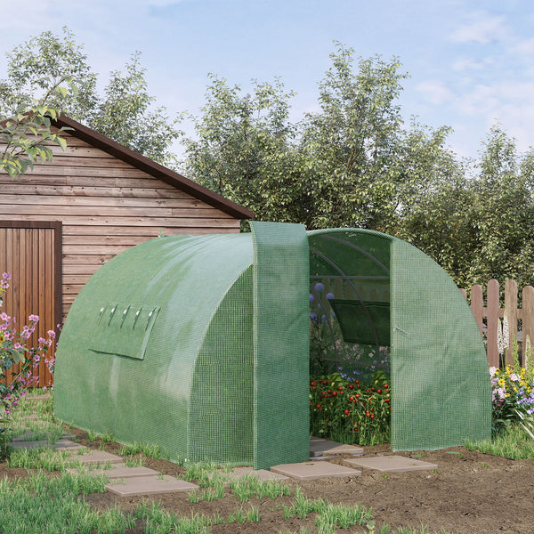 Outsunny Reinforced Walk-In Polytunnel Greenhouse with Metal Hinged Door Galvanised Steel Frame & Mesh Windows (3 x 4M)