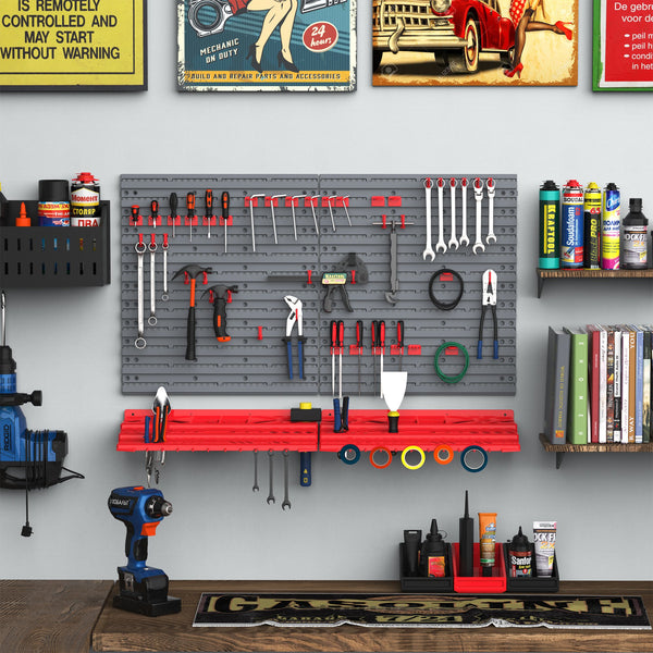 DURHAND 54 Pcs On-Wall Tool Organizer Wall Equipment Holding Pegboard Home DIY Garage Organiser DIY w/ 50 Pegs 2 Shelves