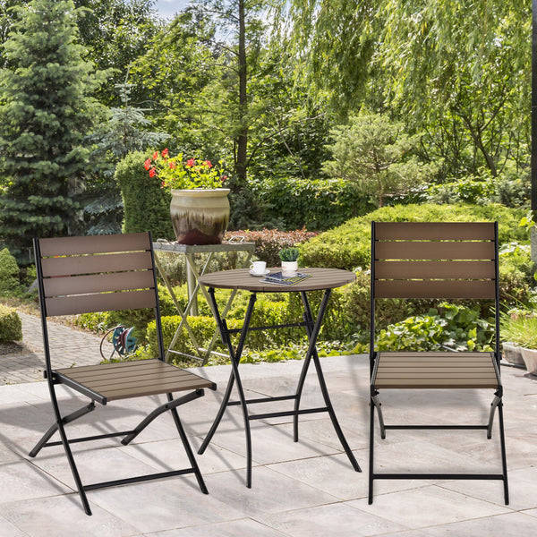 Outsunny 3 Pcs Folding Bistro Dining Set 2 Single Chair 1 Dining Table Metal Frame Plastic Panel Slatted Compact Garden Outdoor Apartment Black&Brown