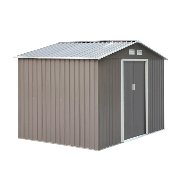 Outsunny 9 x 6FT Outdoor Garden Roofed Metal Storage Shed Tool Box with Foundation Ventilation & Doors Light, Grey