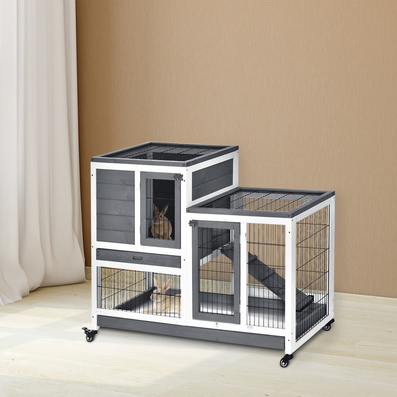 PawHut Wooden Indoor Guinea Pigs Hutches Elevated Cage Habitat with Enclosed Run with Wheels, Ideal for Rabbits and Guinea Pigs, Grey and White