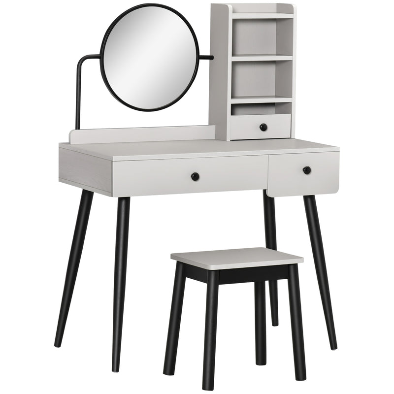 HOMCOM Dressing Table Set with Mirror and Stool, Vanity Makeup Table with 3 Drawers and Open Shelves for Bedroom, Living Room, Grey