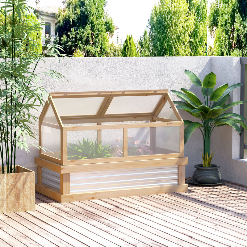 Outsunny Raised Garden Bed with Greenhouse Top, Garden Wooden Cold Frame Greenhouse Flower Planter Protection, 122x 61 x 81.7cm, Natural
