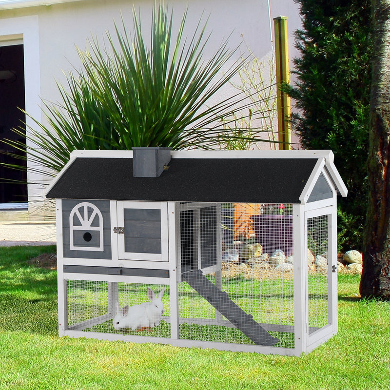 PawHut Guinea Pigs Hutches Wood Bunny Cage for Outdoor Indoor with Pull Out Tray Run Box Ramp Asphalt Roof for Small Animals Grey